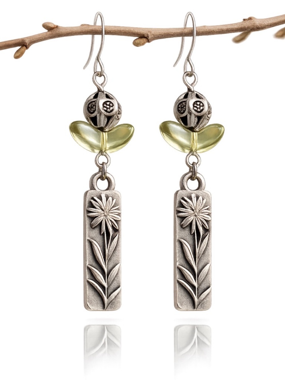 Boho Silver Floral Dangle Earrings, Green Glass, Nature Inspired